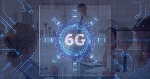 Business team discussing 6g technology in modern conference room