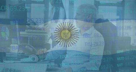 Illustration combines the flag of Argentina translucently overlaying financial market charts and diverse professionals in an office setting. Perfect for articles or presentations about Argentina's economy, global investments, or business operations within Argentina. Offers an impactful visual for multinational finance discussions or digital finance tools features with an Argentinian context.