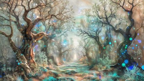 Enchanted forest with gnarled trees and glowing orbs