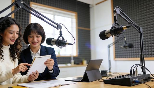 Two cohosts reviewing notes in podcast studio with microphones, mixer and tablet