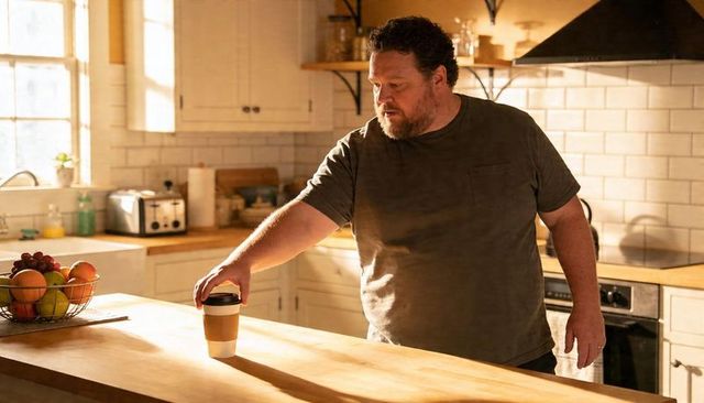 Man reaching for takeaway coffee on sunlit farmhouse kitchen island