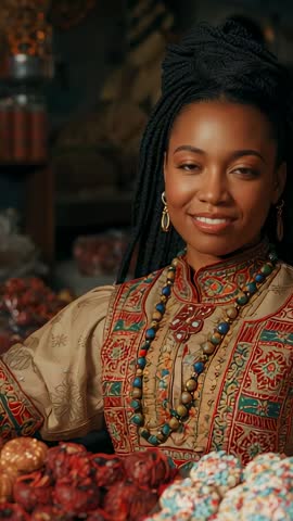 Vertical video showing smiling market vendor presenting colorful confections in embroidered tunic