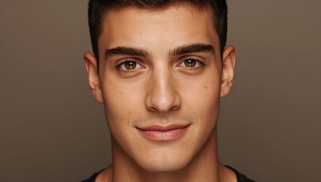 Confident male portrait with taupe background in studio light