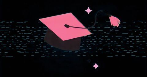 Floating graduation mortarboard with glitch effect and pink flower tassel