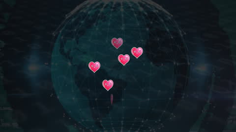 Animated Hearts on Digital Globe Representing Global Connections