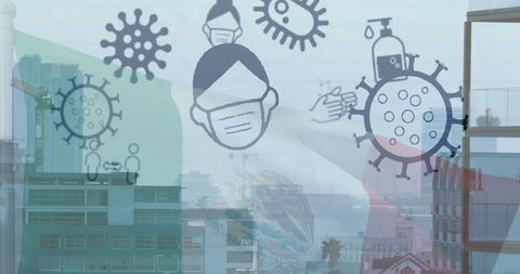 Urban COVID Awareness with Virus and Prevention Icons over Cityscape