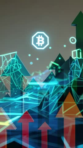 Launching Bitcoin Growth Visualization: Rising Arrows and Neon Blockchain Grid in Vertical Video