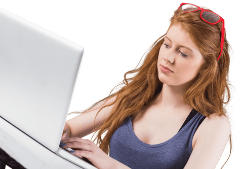 Transparent redhead woman using laptop with red glasses