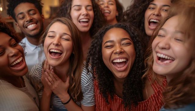 Diverse friends laughing together at cozy indoor gathering, candid joyful youth