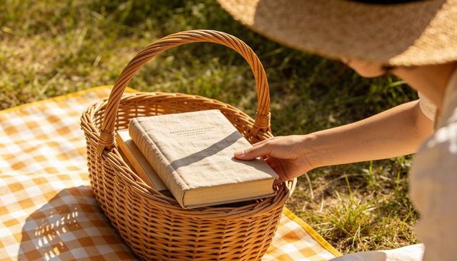 Woman reaching into wicker basket on gingham picnic blanket with linen-bound book