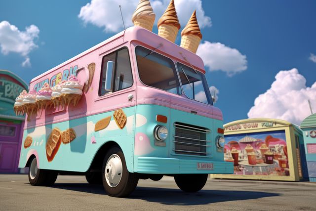 Use this vibrant image of a retro pink ice cream truck for summer promotions, events, food festivals, and nostalgic-themed marketing materials. Perfect for websites, advertisements, and social media posts related to desserts, street food, and outdoor fun.
