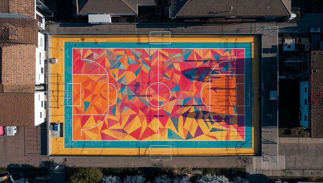 Vibrant aerial rooftop sports court featuring geometric mural, colorful urban recreation