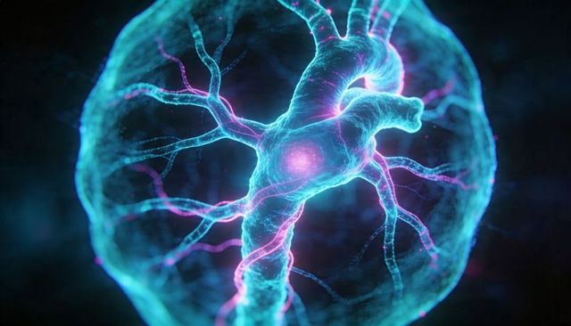 Neuron soma glowing with magenta nucleus and dendrites emitting biophotonic sparks