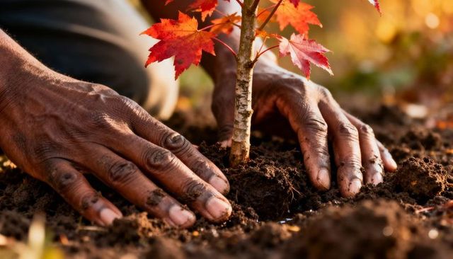 Hands planting red maple sapling in autumn soil, close-up gardening and tree care