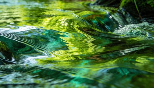 Turquoise emerald rippling stream flowing over mossy stones vibrant water texture