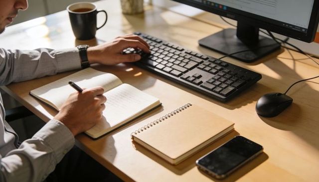 Remote worker typing and taking notes at home desk with keyboard, notebook, coffee cup