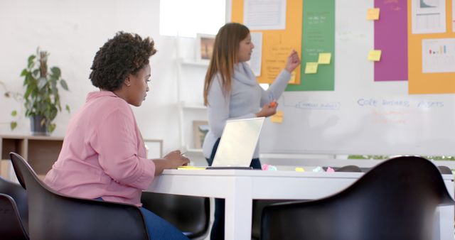 Businesswomen Collaborating in Office with Whiteboard and Laptop - Download Free Stock Images Pikwizard.com