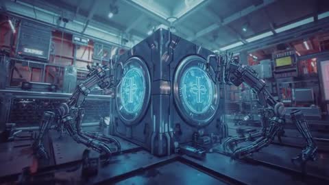 High-tech Lab with Pulsing Energy Cube and Robotic Arms