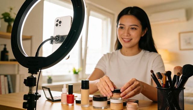 Smiling beauty influencer filming makeup tutorial with ring light, smartphone and brushes