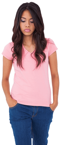 A young biracial woman wearing a pink t-shirt and jeans, looking down with a melancholic expression. Her stance conveys emotions such as sadness or introspection. This image is suitable for use in topics related to mental health, emotional well-being, or fashion editorial contexts where expressions and human emotions are central. The transparent background allows for easy integration into various designs.