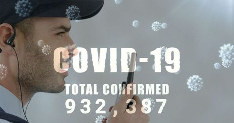 Pandemic data with man communicating and floating cells