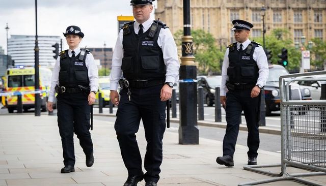 Uniformed police officers walking city pavement near government building with patrol van