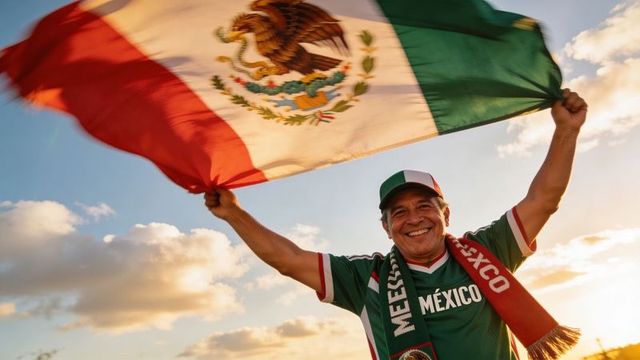 Smiling mexican fan waving large national flag at golden sunset celebrating national pride