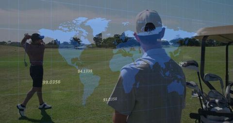 Golfer Swinging on Fairway with World Map Overlay Highlighting Global Connection