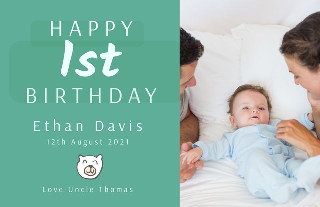 Invitation design featuring a baby's first birthday with happy parents. Useful for creating personalized birthday invitations, celebrating family milestones, and sharing memorable moments. The soft, warm colors and friendly design make it ideal for invitations, social media announcements, and greeting cards.