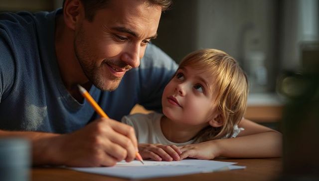 Father and daughter bonding over drawing at kitchen table warm intimate family moment