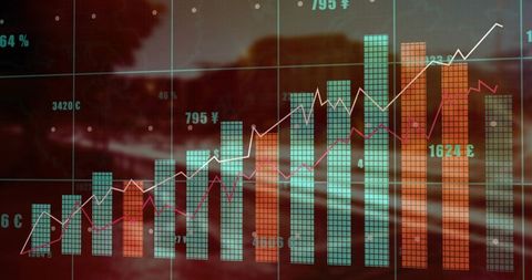Displaying rising finance dashboard over urban road with dynamic bar and line charts