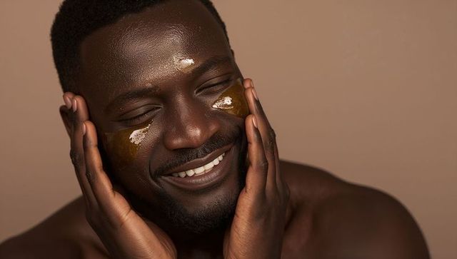 Smiling dark-skinned man pressing cheeks while applying amber hydrogel eye patches