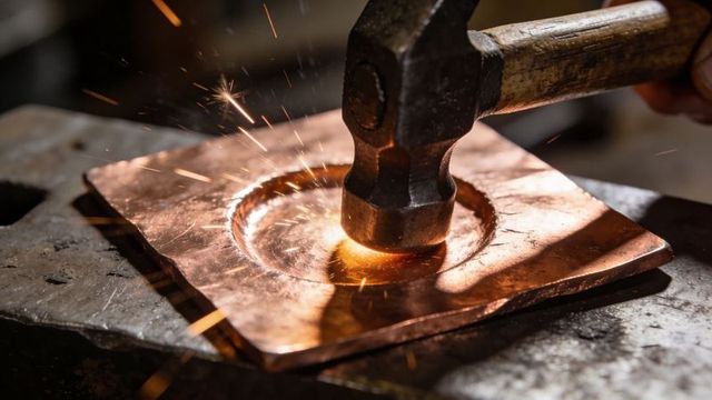 Craftsman striking copper sheet with ball-peen hammer creating circular dent and sparks