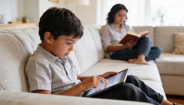 Young boy using tablet on living room sofa while mother reading hardcover book