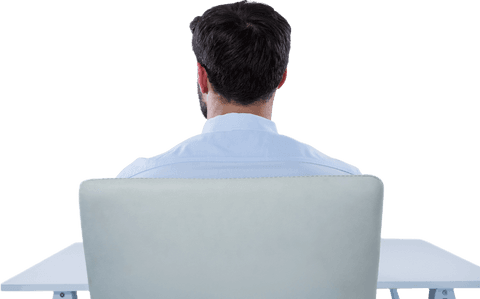 rear view image of businessman sitting in a modern office chair. ideal for portraying office environments, corporate careers, and professional settings in design projects or presentations.