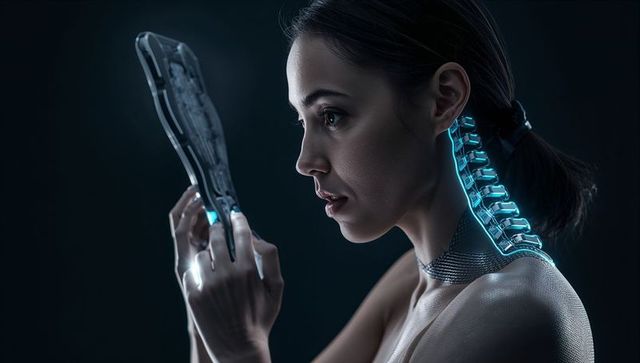 Asian woman examining spinal implant with transparent scanner, cybernetic neck glowing cyan