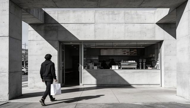 Walking man holding white bag approaching minimalist concrete cafe counter urban lifestyle