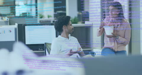 Diverse Team Collaborating in Office with Financial Data Overlay