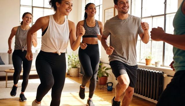Energetic group doing high-knee cardio in sunlit home studio for fitness class promotion