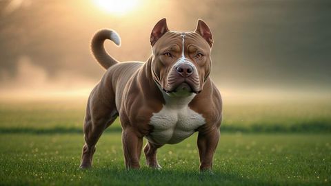 Muscular pitbull dog posing on vibrant meadow at sunrise