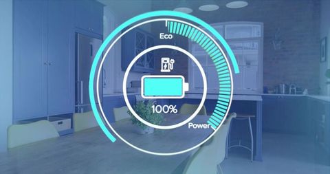 Smart home energy hud showing 100% battery in modern open kitchen with dining island and table