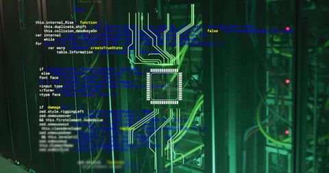 Glowing circuit overlay hovering above server racks with neon green circuitry and cables
