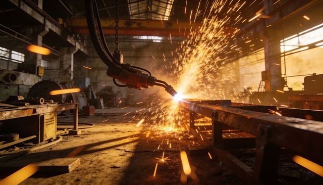 Robotic plasma torch cutting steel beam producing shower of sparks in industrial workshop