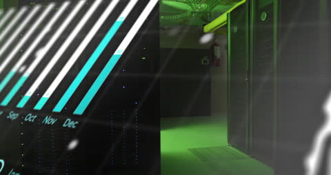 Data Processing Animation Overlay on Green-Lit Servers