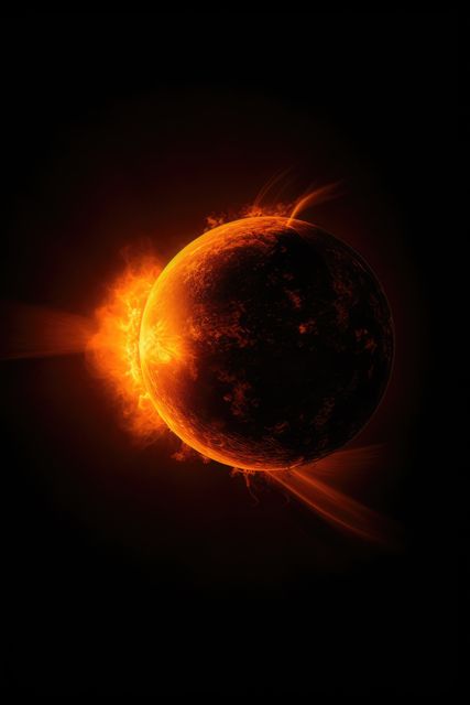 Depicting a captivating fiery solar flare erupting from a dark planet, this image is ideal for use in science fiction artworks, astronomy and science presentations, and educational materials. Perfect for visuals that require a cosmic or celestial event theme.