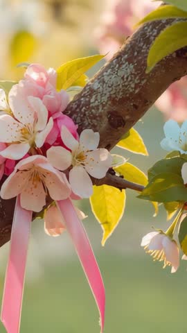 Vertical panning blossom branch with fluttering pink ribbons and blooming spring petals