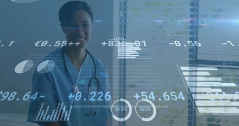 Female Doctor in Scrubs with Digital Analytics Overlay