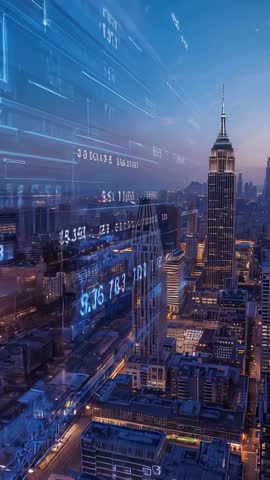 Vertical Futuristic Data Overlays Drifting Over Dusk Manhattan Skyline with Empire State Building