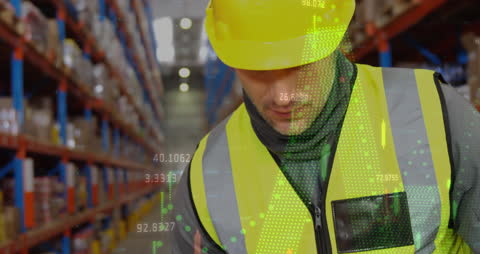 Warehouse Worker with Digital Data Overlay in Industrial Setting