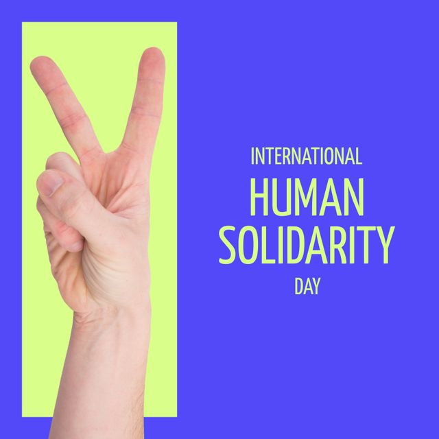 Composition of international human solidarity day text and hand with victory sign. Human solidarity, helping and empathy concept.